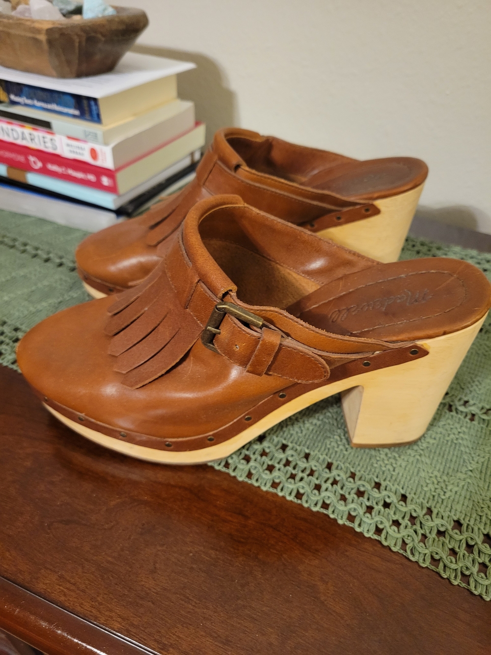 Madewell Cognac Brown Leather Kiltie Clog Mules